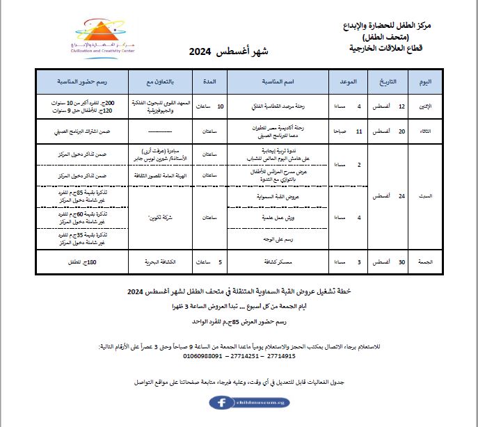 فعاليات متحف الطفل لشهر أغسطس 2024